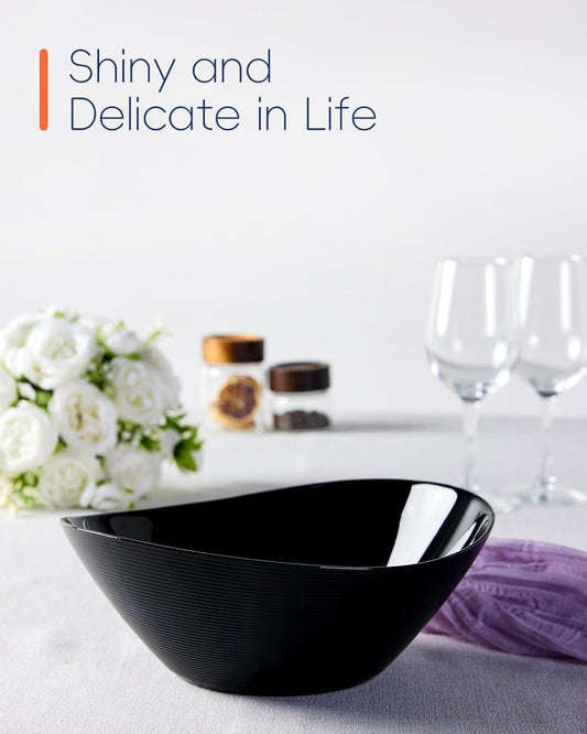 66 OZ Salad Bowl Set of 2, Opal Glass 10 inch Lightweight Serving Dishes for Salad, Fruit, Kitchen Microwave & Dishwasher Safe, Oval Shape Black