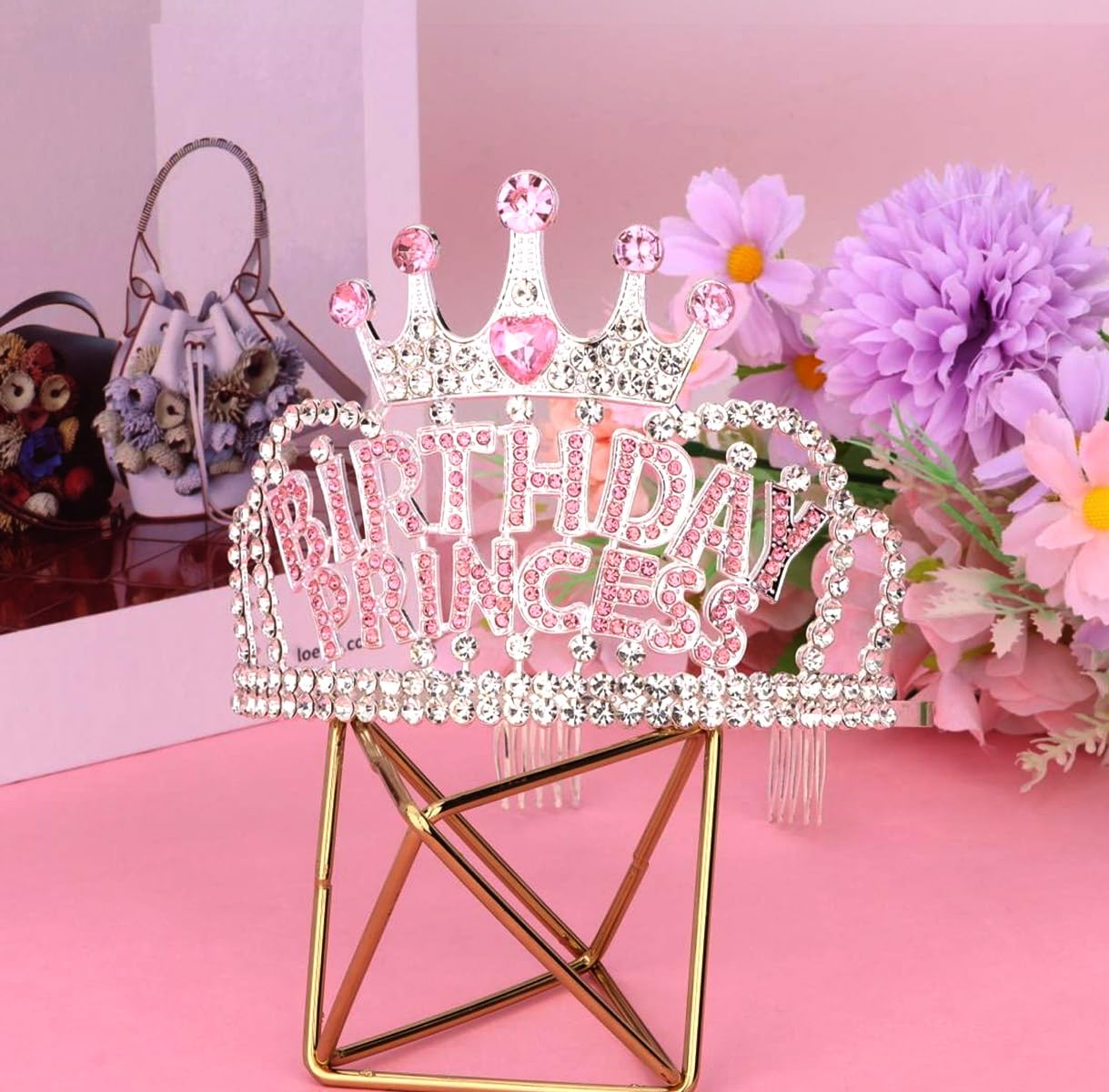 Wecoe Birthday Crown Silver Princess Rhinestone Tiara with Combs Happy Birthday Party Favors Pink Decorations 16th 18th 21st 25th Gifts for Her