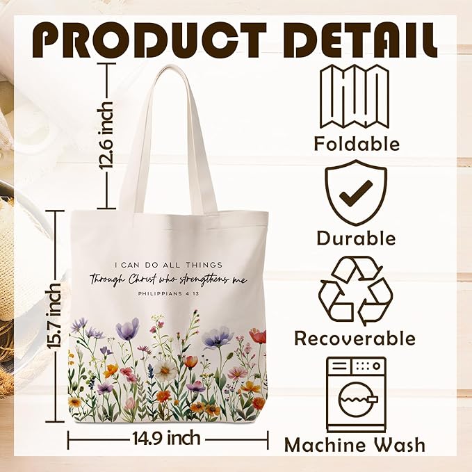 Preppy Floral Aesthetic Tote Bag for Women,Printed Canvas Tote Bag for Girls,Christian Gifts for Women Faith,Watercolour Aesthetic Reusable Shopping Grocery Bags Party Favors