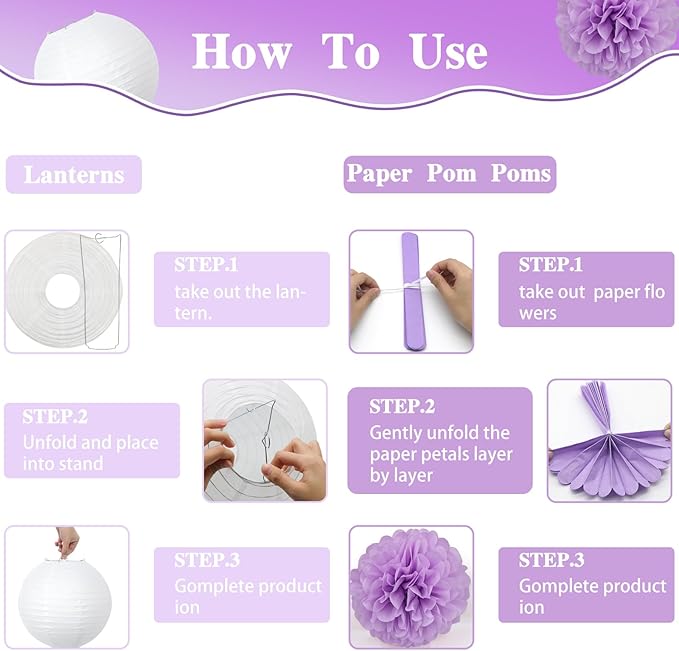 14 Pcs Purple Birthday Decorations for Women - Lavender & Lilac Tissue Pom Poms, Lanterns & Polka Dot Garland for Girls Party, Graduation, Baby Shower, Princess Theme & Bridal