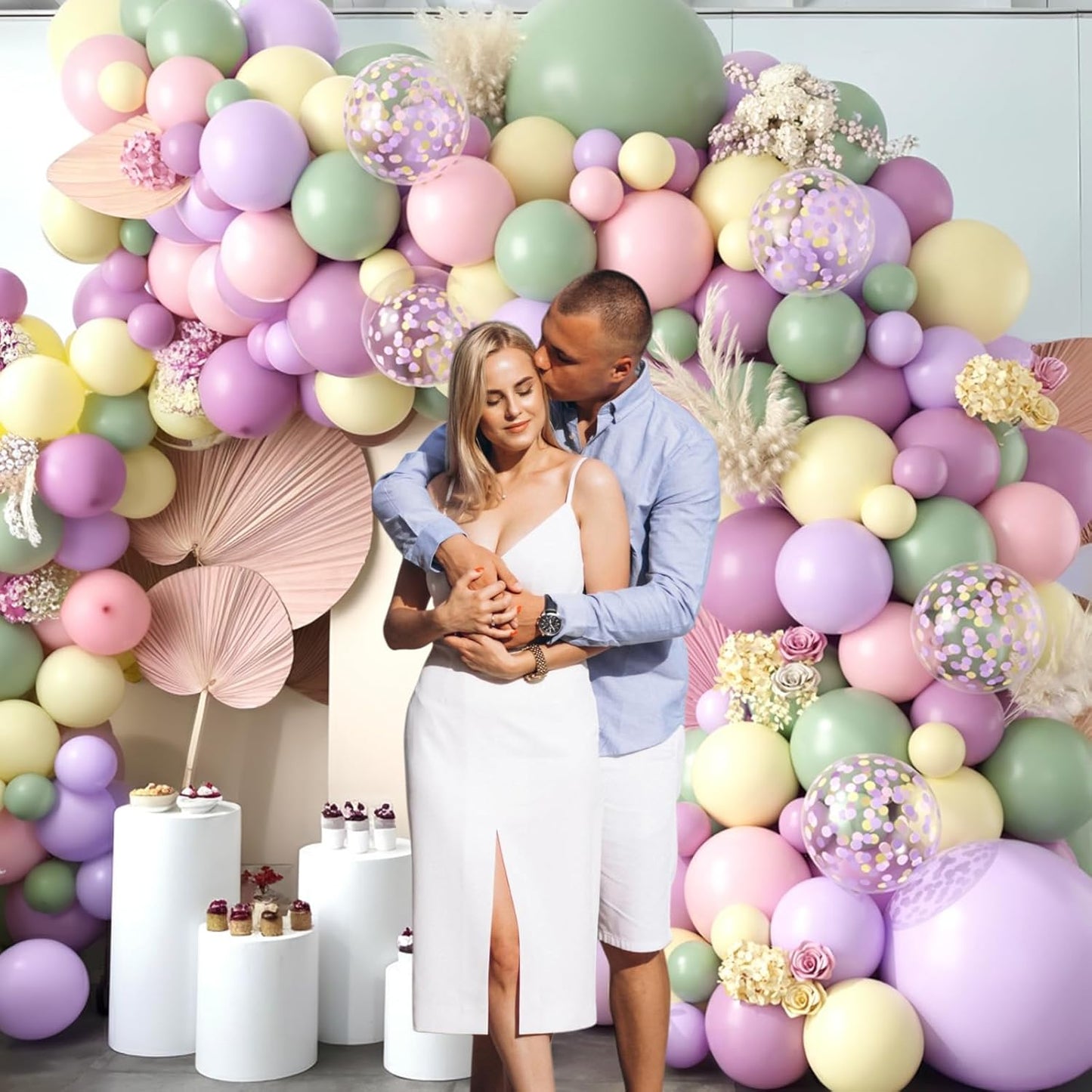 Dusty Green Purple Pink Balloon Garland, Lavender Mist Green Pastel Pink Yellow Balloon Arch Wildflower Balloons with Pastel Confetti for Baby Shower Birthday Wedding Flower Party Decoration