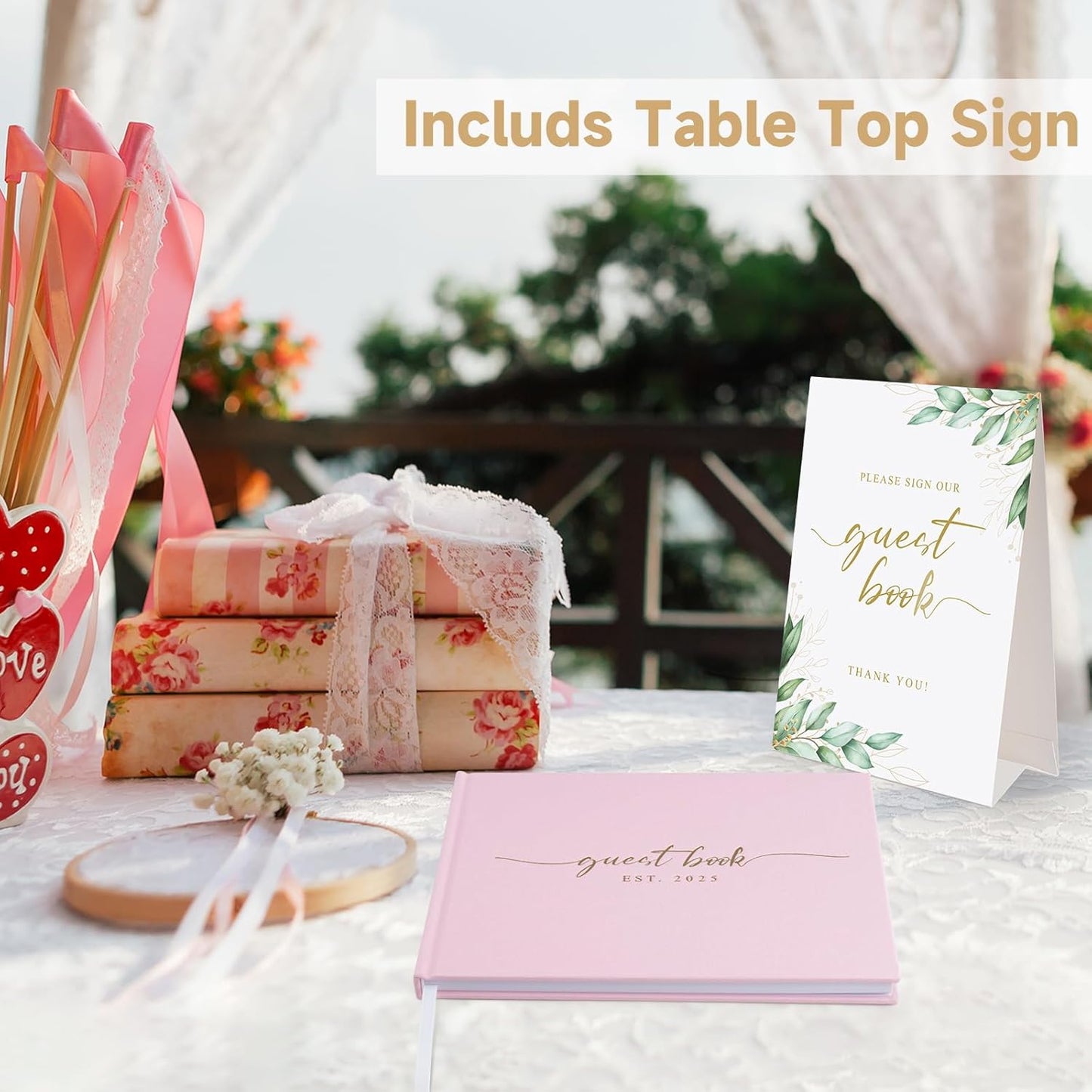 Wedding Guest Book with Personalized 2025 Year - Linen Photo Guest Book for Wedding Reception Bridal Shower Guests to Sign - 100 Pages Blank and Lined Acid Free Paper (Pink,)
