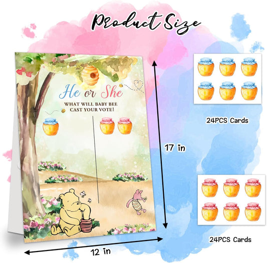Gender Reveal Winnie the Pooh Party Games, Winnie the Pooh Theme Baby Gender Reveal Voting Board Sign, 48 Boy Girl Voting Stickers, He or She, Baby Gender Reveal Party Games for Boy or Girl Shower