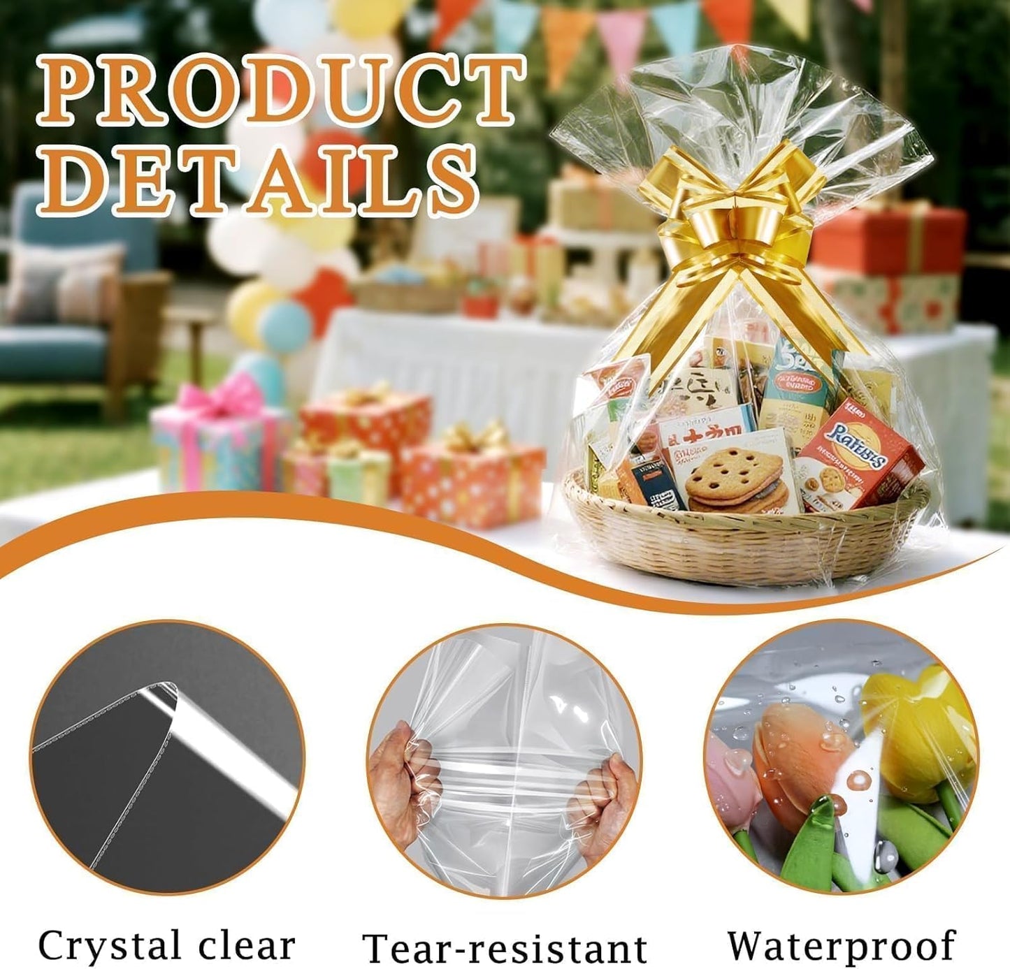 PigPotParty 30"x40" Clear Cellophane Gift Bags - Includes Bows – 10 Pack Large Cellophane Wrap for Gift Baskets, Plastic Gifts Bags for Gift Giving