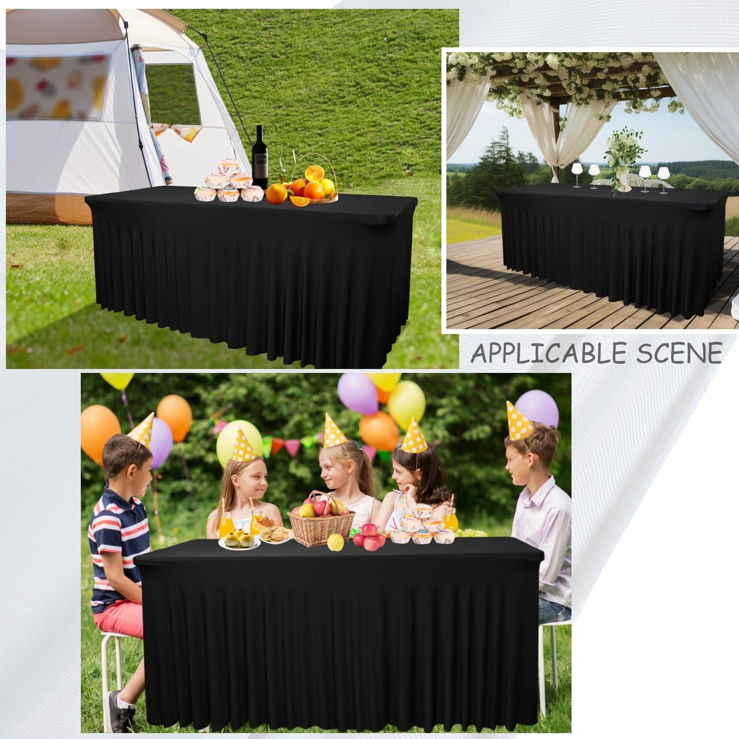 2 Pack - Black Spandex Table Skirt for 6ft Tables (72" L x 30" W x 30" H) | Stretch, Washable & Wrinkle-Resistant Fitted Cover | Banquet, Birthday Party Decor