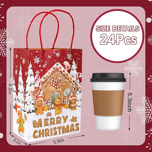 JarThenaAMCS 24Pcs Christmas Gingerbread Paper Gift Bags Merry Christmas Treat Bags with Handles Winter Snowy Candy Goodie Bag Grocery Bag for Xmas Party Supplies