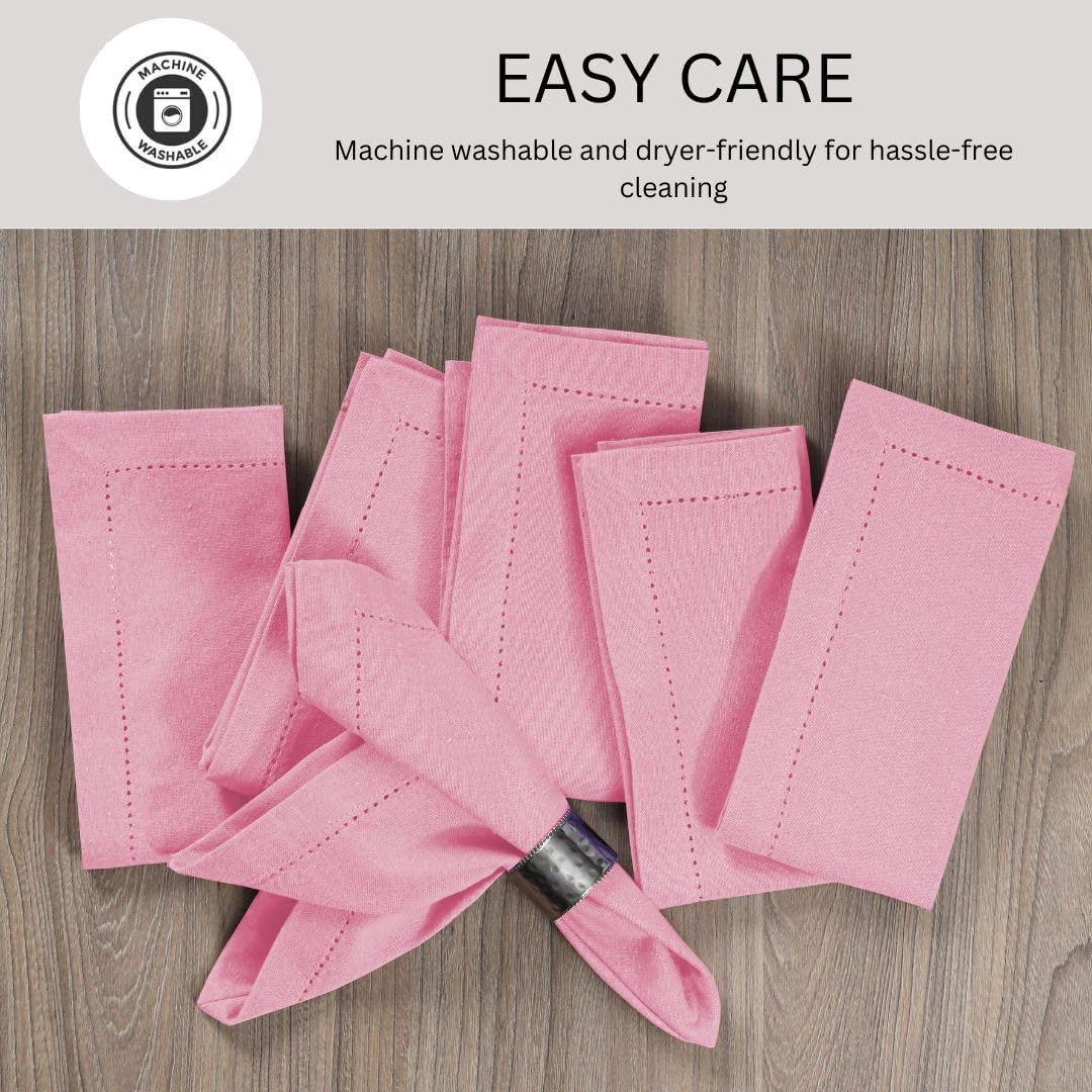 Hemstitch Dinner Napkins 100% Cotton Set of 12 - for Dining Special Occasions Weddings Parties Holidays Easter - Soft Durable Reusable - Elegant 18x18 Inch Table Cloth Napkins Baby Pink