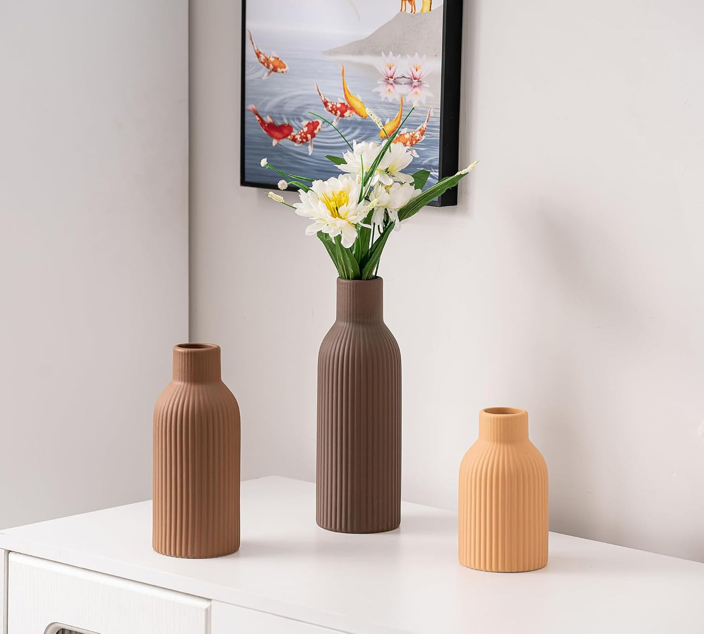 Ceramic Vase Set of 3, Modern Minimalist Ribbed Small Flower Vase Table Centerpiece Decorative for Home Decor Farmhouse Christmas Colorful