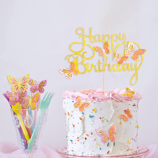 13-Piece Butterfly Cake Toppers - 3D Butterfly Cupcake Toppers for Girls & Women's Birthdays (Pink & Gold)