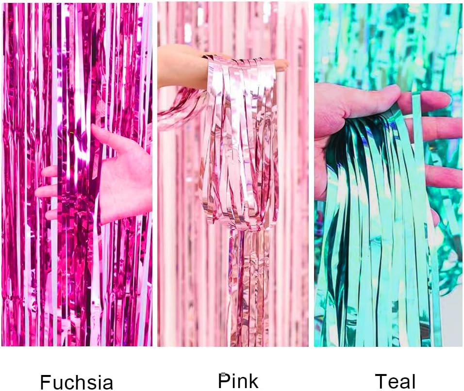 Pink and Teal Birthday Decorations, 3 Pack Pink Streamers and Teal Fringe Backdrop, Photo Booth Props Room Doorway Deco for Boys and Girls Party Supplies