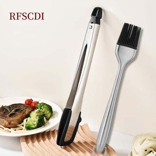 Heat-Resistant Kitchen Tongs and Basting Brush Set - 600℉ Stainless Steel Cooking Tongs with Metal Locking Mechanism - Ideal for Cooking, Grilling Steak, Baking Bread, and BBQ,(Silver 2Pcs)