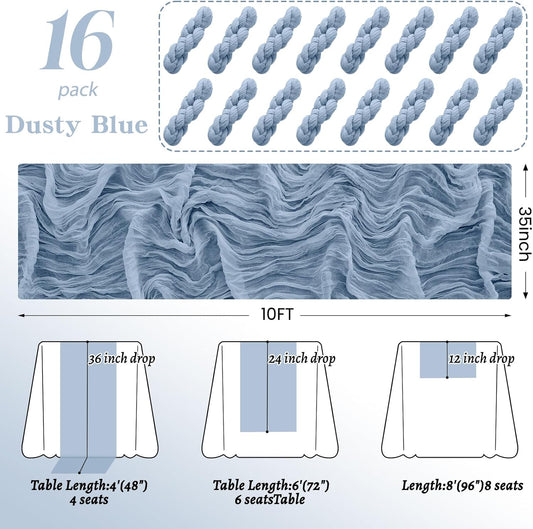16Pack Dusty Blue Table Runner 10FT Cheese Cloth Table Runner 35x120Inch Long Boho Table Runners Rustic Gauze Table Runners for Party Wedding Bridal Shower Baby Shower Decorations