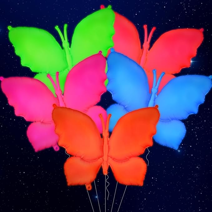 Mega-L Glow in the Dark Party Supplies,5 Pcs Neon Butterfly Balloons Set – Fluorescent Red, Lemon Yellow, Fuchsia, Blue and Orange Balloons Perfect for Birthday, Wedding, Anniversary, Graduation Party