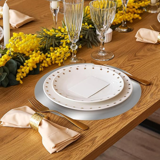 100PCS Silver Paper Placemats for Dinner Plates, 13 Inch Round Disposable Chargers, Shiny Holiday Place Mat for Dining Table Setting Valentine's Day Weddings Birthday Parties Kitchen Banquet Decor