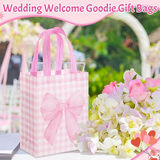 Wovnet 30 Pcs Pink Bow Gift Bags Reusable Non Woven Party Favor Bag Coquette Bow Goodie Treat Bags with Handle for Girls Wedding Bridal Shower Tea Party Birthday 10 x 8 x 4in