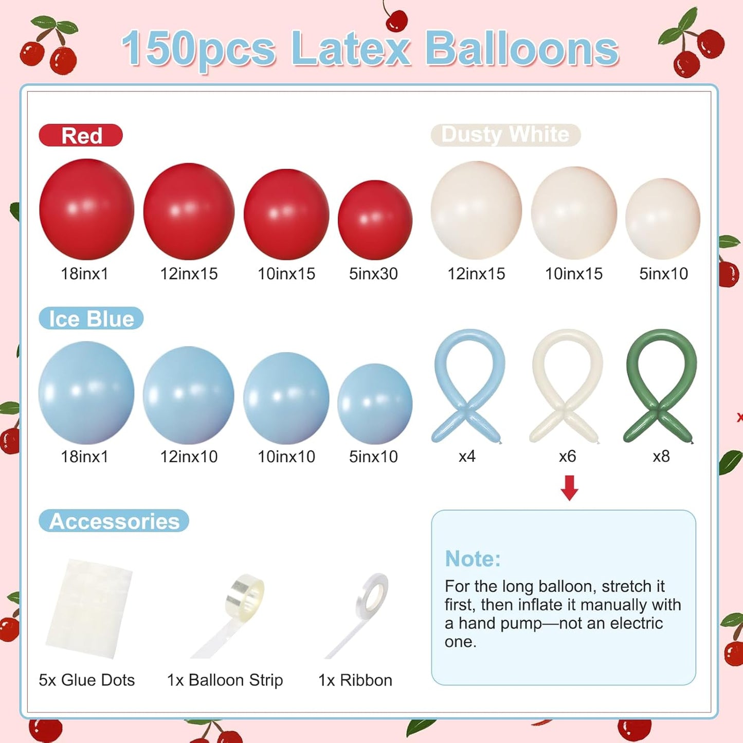 CROSSFINGERS Cherry Red and Blue Balloon Garland Arch Kit,150pcs Bow Light Blue Red White Balloons Arch Kit for Cherry Themed Birthday Baby Shower Wedding Galentine's Bridal Shower Party Decorations