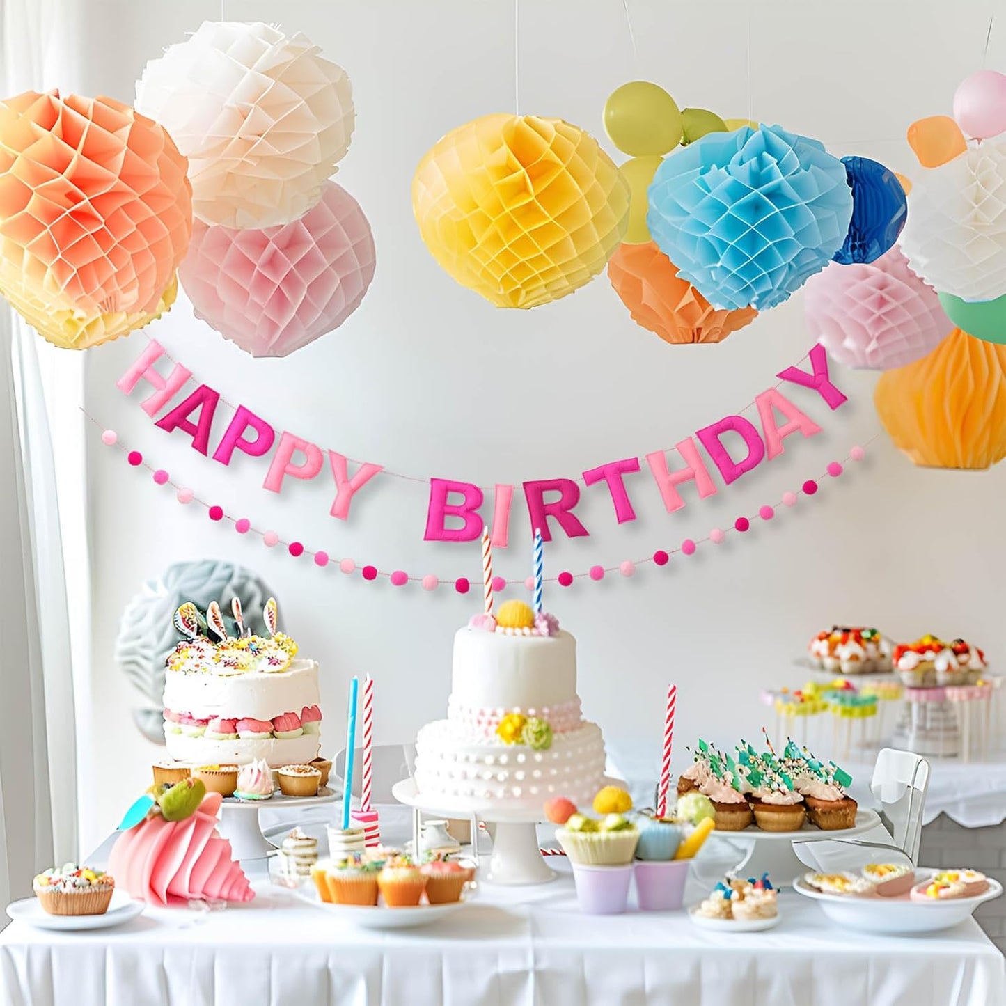 Pink Happy Birthday Banner Felt Ball Garland Pre-Strung Happy Birthday Sign for Party Backdrop Decorations Photo Prop