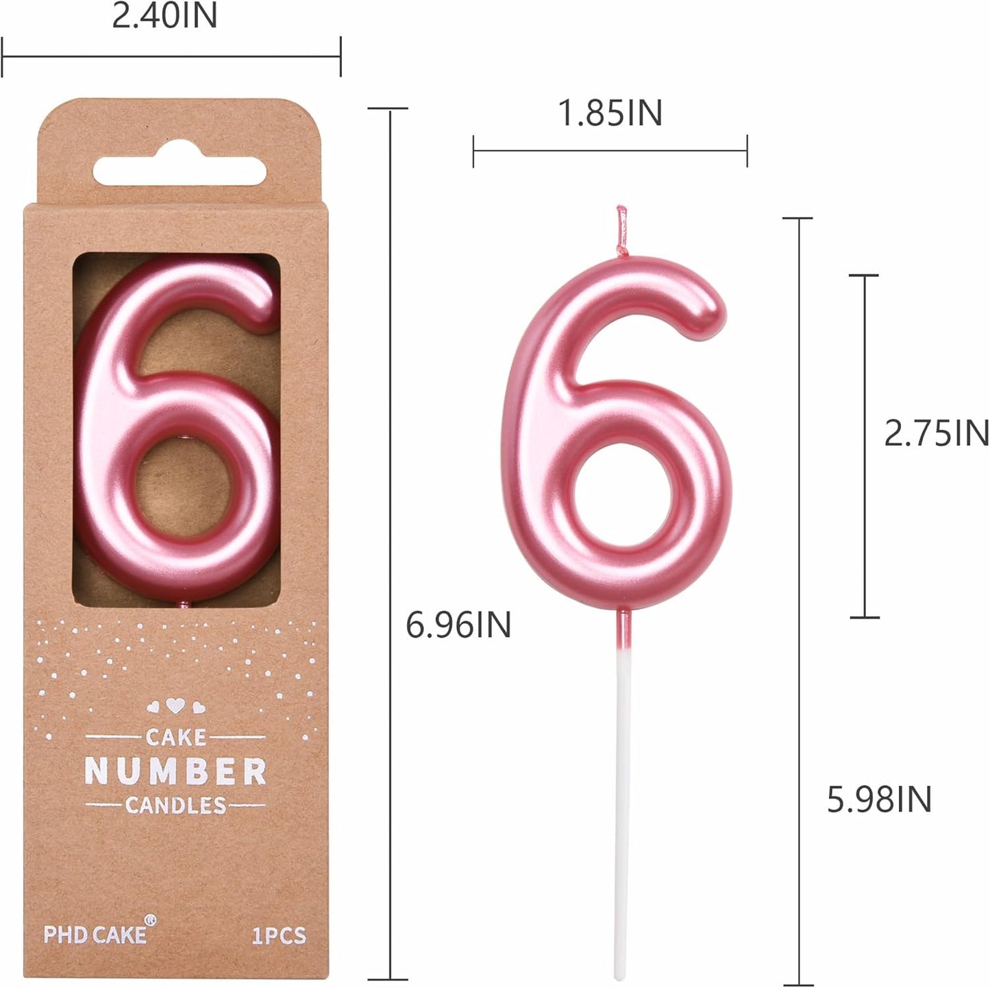 PHD CAKE 2.76 inch Classical Pink 6 Number Birthday Candles, Pink Number Candles, Cake Number Candles, Party Celebration
