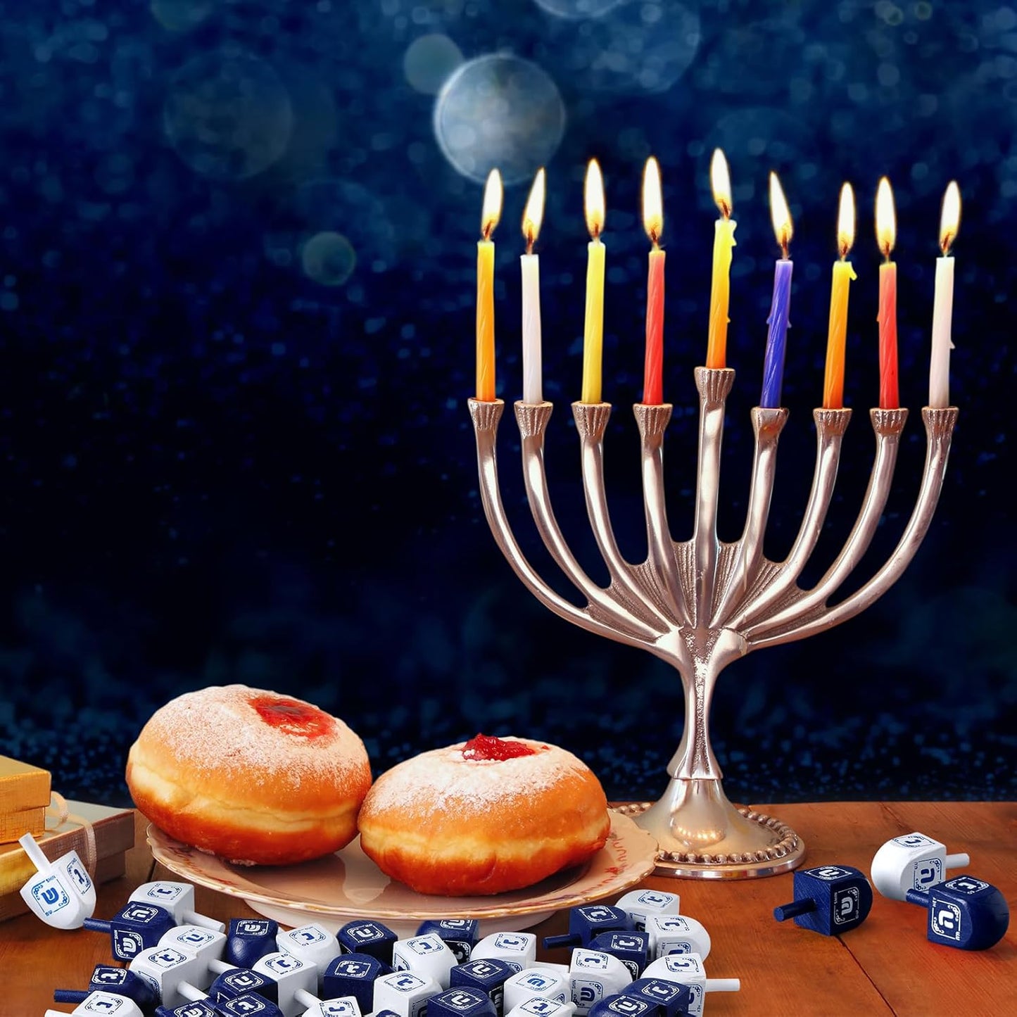 Wettarn 100 Pieces Hanukkah Dreidels Bulk Wooden Hanukkah Dreidels with Game Instruction Cards for Party Game(Size 1,Elegant Style)