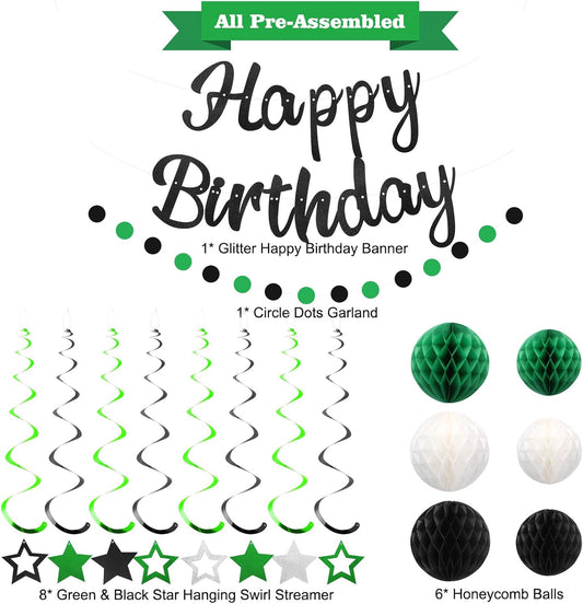 Birthday Decorations, NO DIY, Pre-Strung Happy Birthday Banner with Honeycomb Ball, Hanging Swirl, Circle Dots Garland, Happy Birthday Party Decorations for Women Men Boys Girls (Green & Black)