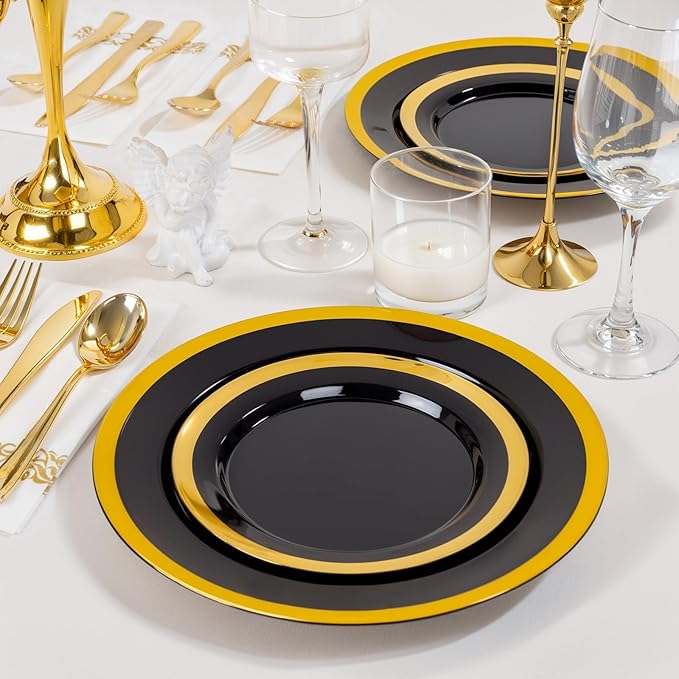 supernal 120pcs Black and Gold Plastic Plates Disposable Fancy Elegant Party Plates Heavy Duty Gold Plastic Dinnerware with Dinner and Dessert Size for Party, Valentine's Day Party and Wedding