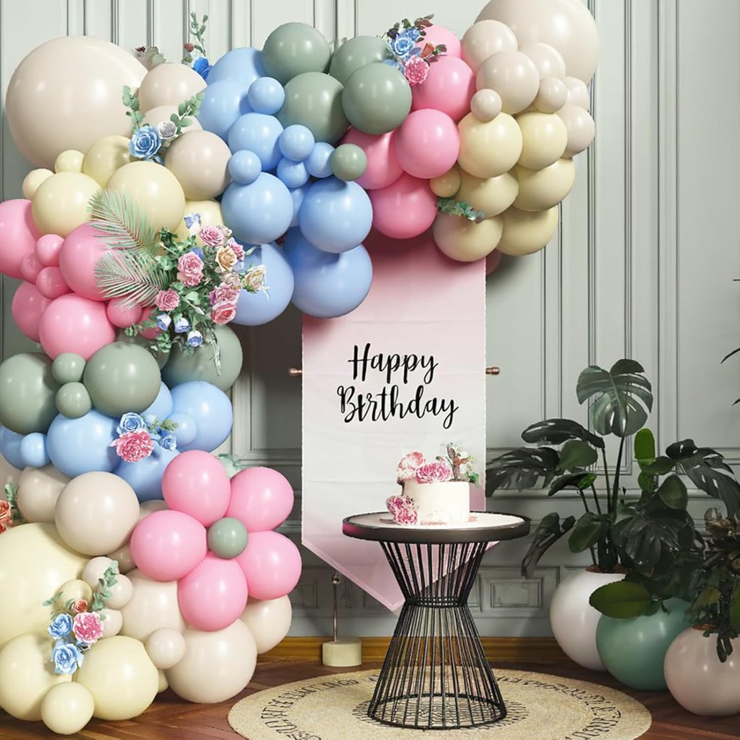 Pink Green Balloons Arch Sage Green Pink Blue Yellow White Balloon Garland Pastel Blue Yellow Beige Olive Latex Balloons Fairy Birthday Tea Goose Party Decorations Wedding Wildflower Baby Shower