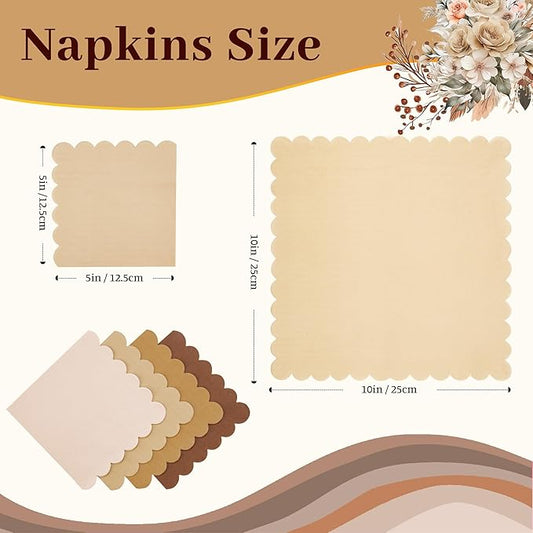 100 Pcs Brown Scalloped Napkins Gradient Color Cocktail Napkin Folded 5 x 5 Beverage Napkins Disposable Paper Napkins for Birthday Party Supplies