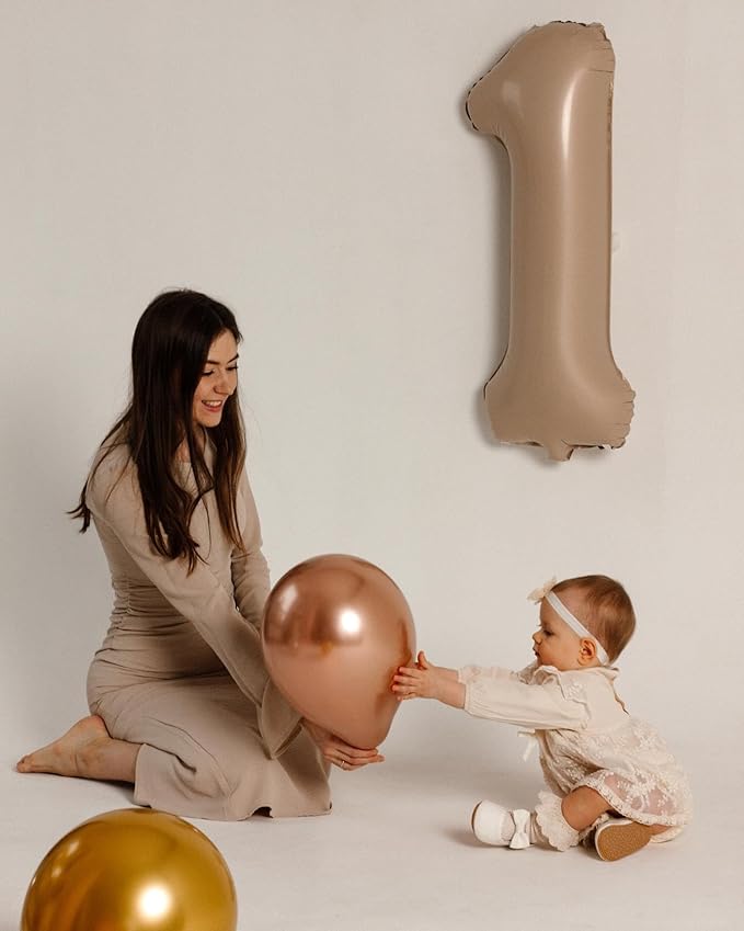 40 Inch Light Brown 1 Balloon for First Birthday, Tan 1st Number Balloons Khaki Birthday Decorations for Girl Boy Kids Toddler Baby, Beige One Giant Number 1 Balloon
