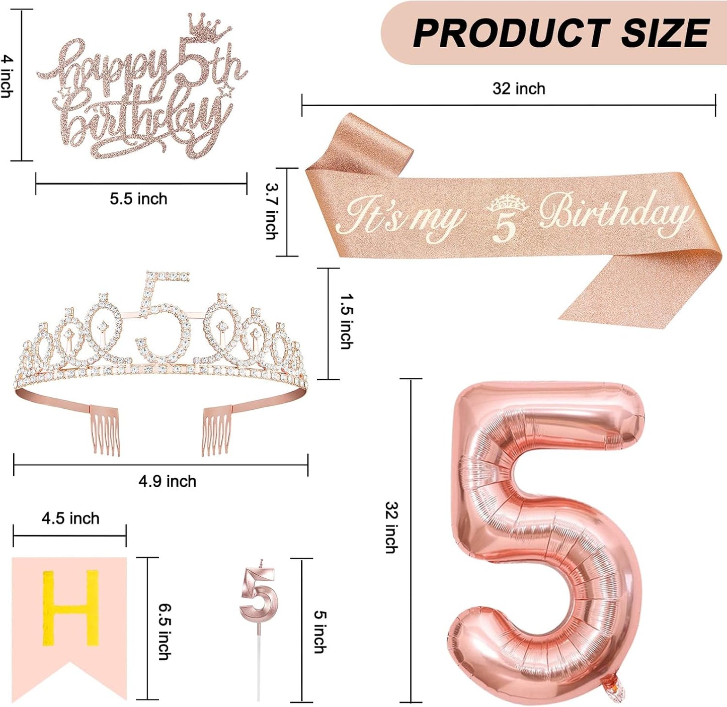5th Birthday Decorations for Girls, Including 5th Tiara and Sash, Happy Birthday Banner, Cake Toppers, Number Candles and Balloons Set, Rose Gold