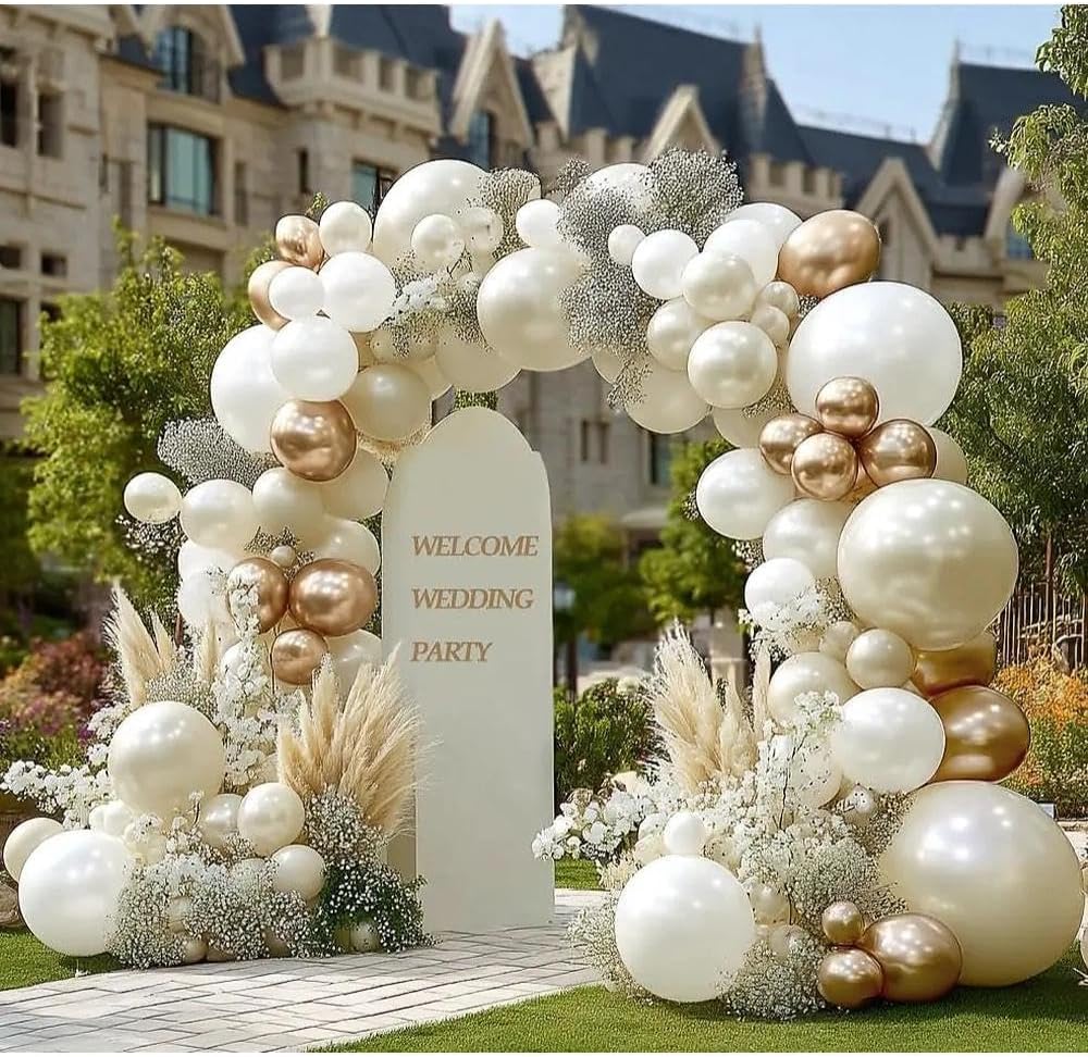 Beige Gold Balloons Double Stuffed Sand White Balloon Garland Pearl White Cream Balloons Metallic Gold Balloon Arch Kit for Birthday Wedding Bridal Anniversary Boho Baby Shower Party Decorations