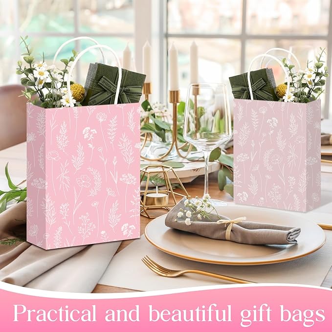 Kolldenn 50 Pcs Pink Wildflower Gift Bags with Handles Paper Floral Goodie Welcome Bag for Wedding Guest Baby Shower Bridal Birthday Party Favor, 5.91 x 3.15 x 8.27 Inches