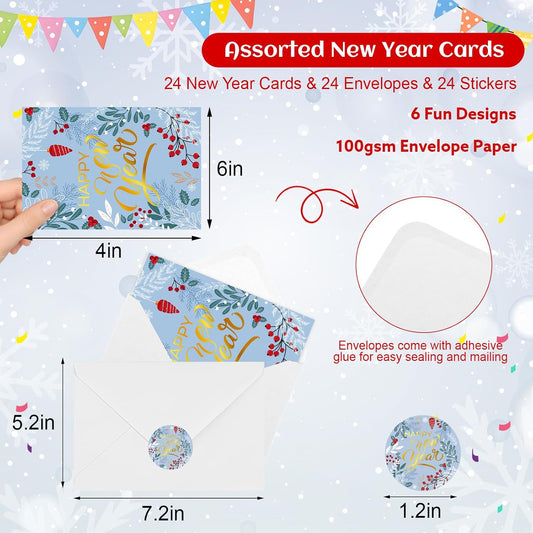 24 Pack Happy New Year Cards with Envelopes & Stickers - 5 * 7in Gold Foiled Happy New Year Greeting Cards 6 Design with Printed Message Inside for Family Friend Teacher Classmate