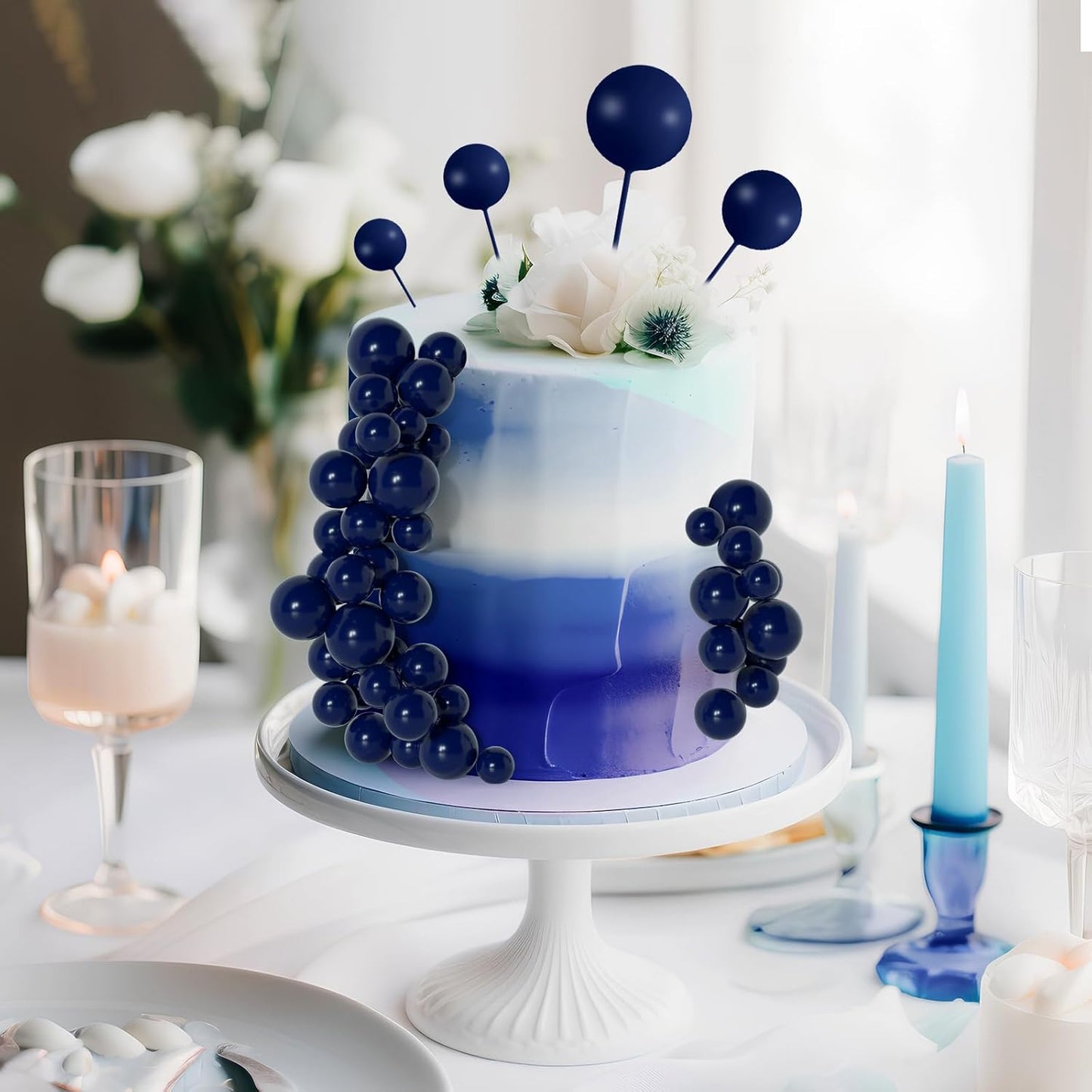 138 Pcs Blue Balls Cake Topper Decorations Balloon Cupcake Toppers Foam Multisize Cake Topper Balls for Birthday Party Wedding Anniversary