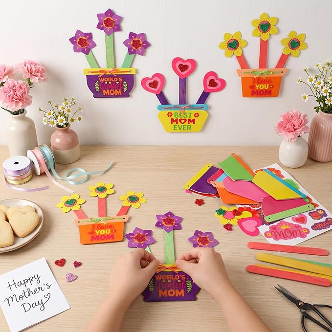 Frienda 48 Set Mother Day Crafts for Kids Happy Mother's Day Flower Pot for Mom Make Your Own Flowers Pot Craft DIY Floral Paper for Classroom Activities Mothers Gifts Spring Party Favors
