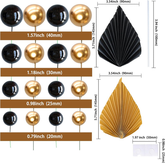Ephlyn 28Pcs Paper Palm Fan Cake Topper Balls Cake Pick Decoration for Baby Shower Wedding Bridal Shower Birthday Party DIY Cake Decorations Supplies Black Gold