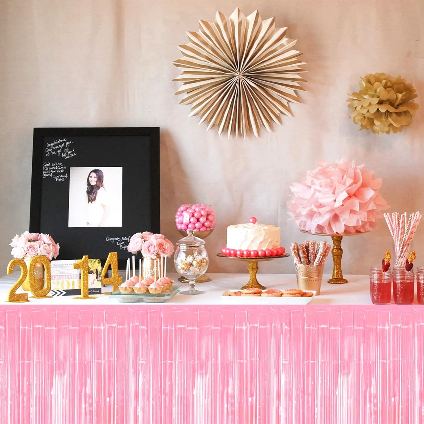 6 Pack 29x108 Inch Pink Metallic Foil Fringe Table Skirts Banner for Tinsel Streamer Garland Curtains Backdrop for Parade Floats Wedding Baby Shower Birthday Christmas Halloween Party Decoration