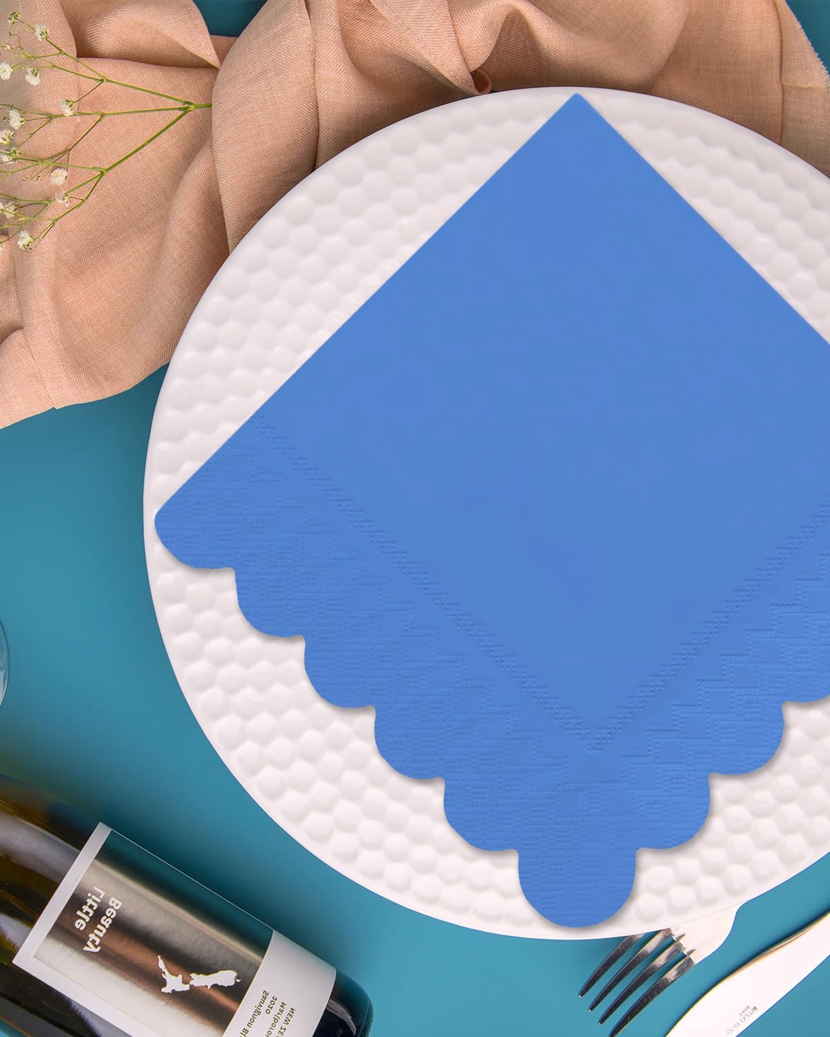 qiqee Sky Blue Cocktail Dinner Napkins 5x5inch Disposable Beverage,Wedding, Birthday Party Dessert Wave Paper Napkins(120 Count)