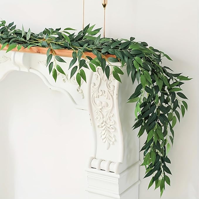 RECUTMS Artificial Willow Leaves Vine Twigs 2Pcs 6Ft Fake Hanging Plant Silk Willows Leaf Ivy Garland Faux Italian Ruscus Greenery Indoor Outdoor Wedding Arch Jungle Beach Birthday Party Garden Decor