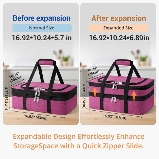 Insulated Double Casserole Carrier - Portable Casserole Carriers for Hot or Cold Food Lunch Tote Warmer or Cooler Bag for Potluck Parties Picnic Cookouts, Fits 9" x 13" Baking Dish - Pink