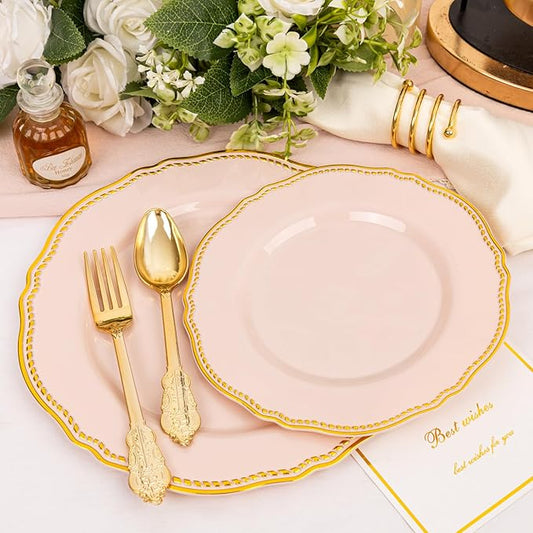 Hioasis 60pcs Pink Plastic Plates - Pink and Gold Disposable Dinnerware with Gold Rim, Heavy-duty, 7 inch, Dessert Plates for Party & Easter
