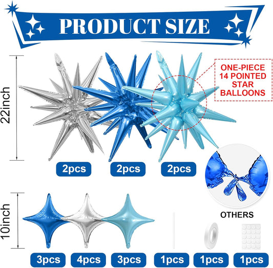 Blue Silver Star Balloons Kit with 6pcs 22in Cone Foil Balloons and 10pcs 10in Four Pointed Star Balloons for Birthday Anniversary Disco Party Decorations
