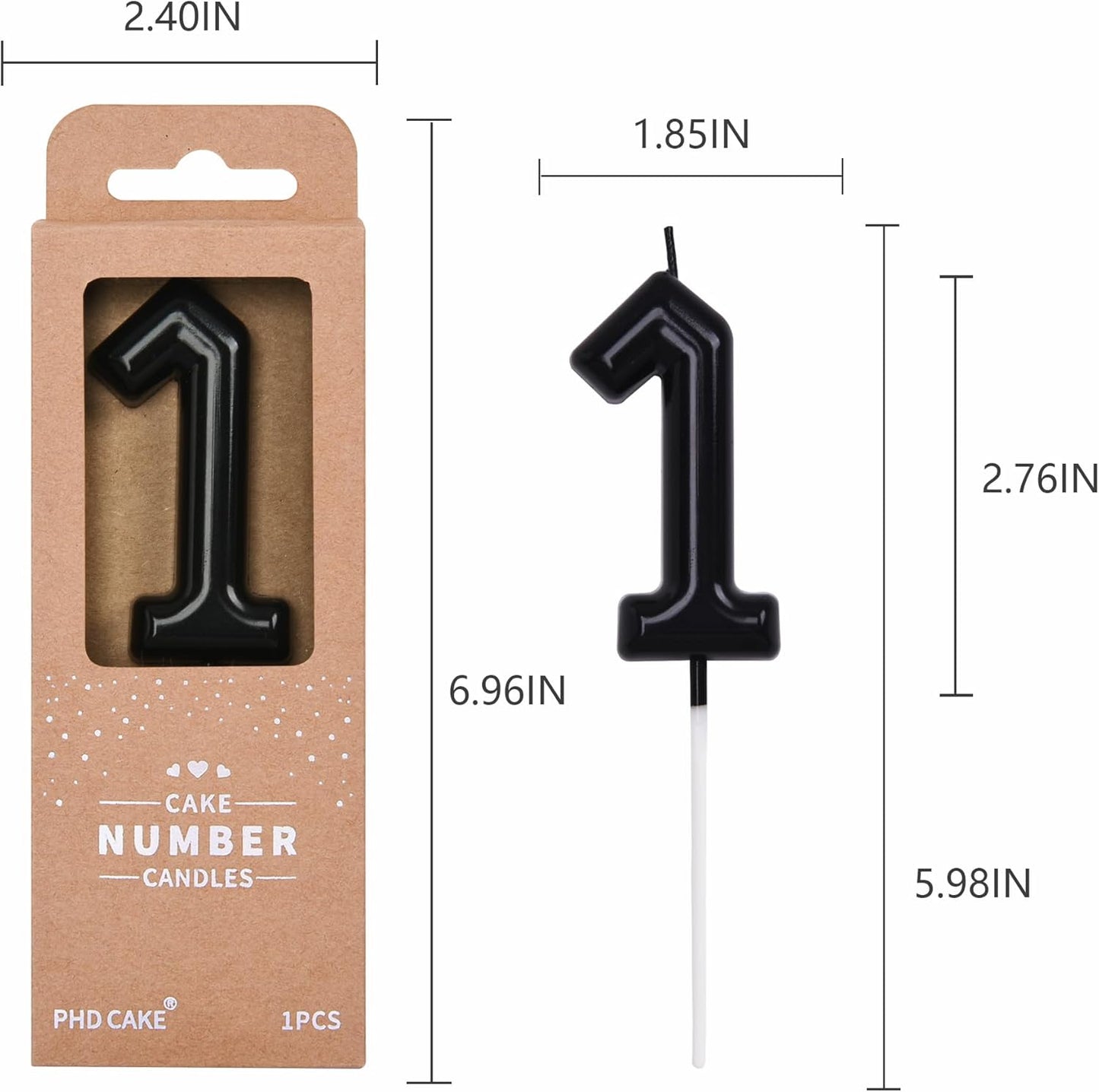 PHD CAKE 2.76 inch Classical Black 1 Number Birthday Candles, Black Number Candles, Cake Number Candles, Party Celebration
