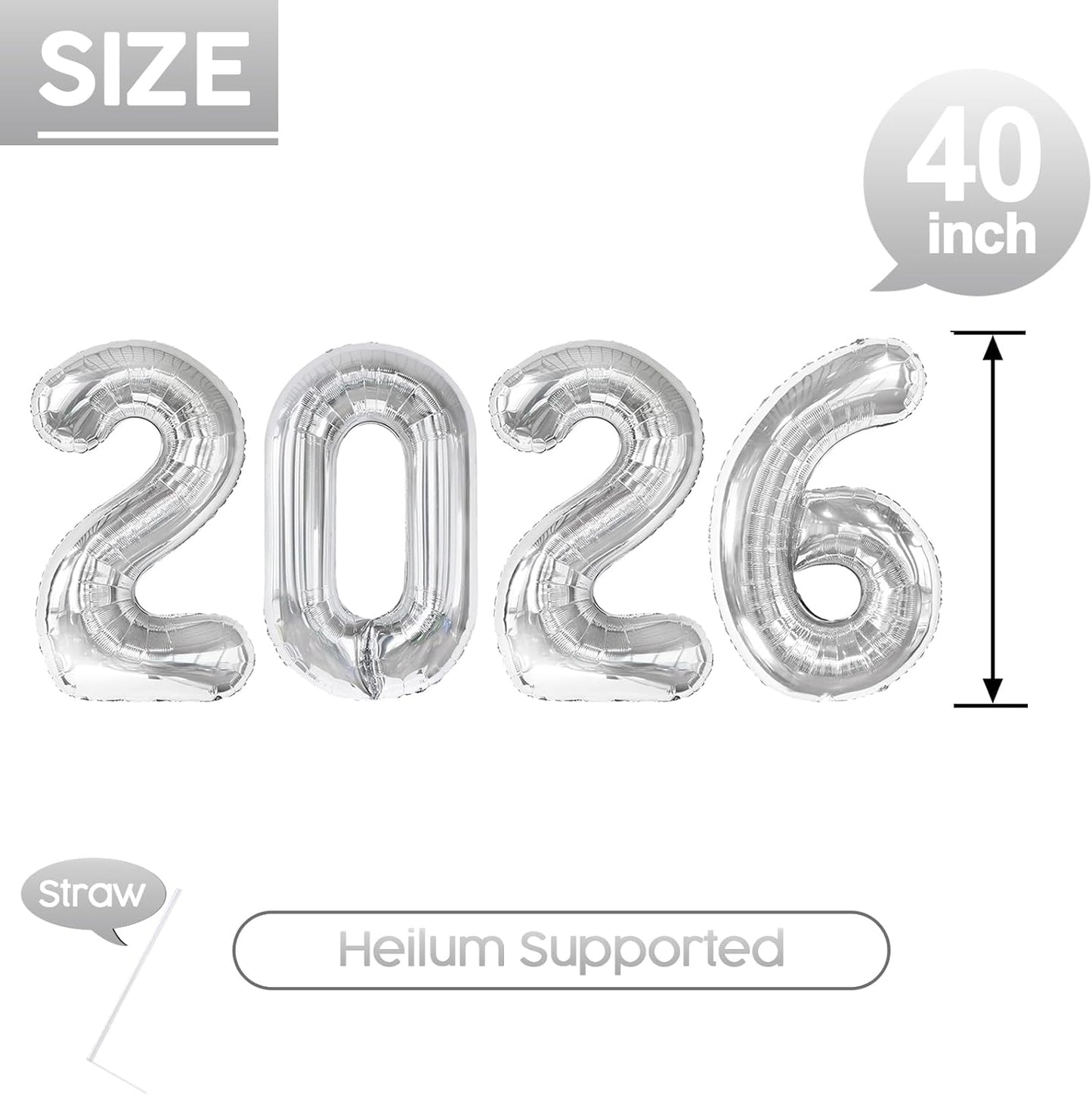 2026 Balloon - 2 Pack Silver Birthday Number Balloons, 40 Inch Large Foil Balloons for Men Women Boys Girls Silver Themed Birthday Decorations,Number 2026 Balloon