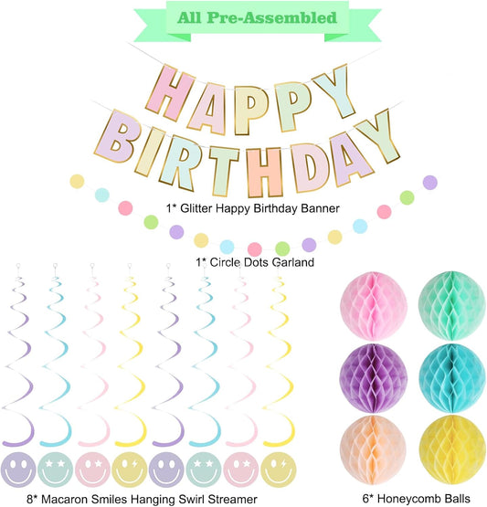 Birthday Decorations, NO DIY, Pre-Strung Happy Birthday Banner with Honeycomb Balls, Hanging Swirls, Circle Dots Garland, Happy Birthday Party Decorations for Women Men Boys Girls (Pastel)