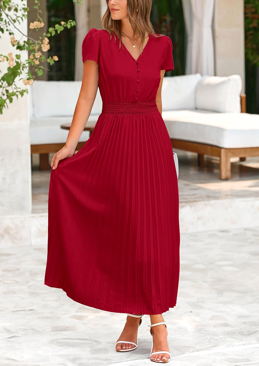 PRETTYGARDEN Women's Maxi Dresses 2025 Summer Trendy Cap Short Sleeve Button V Neck Casual Flowy Pleated Long Dress