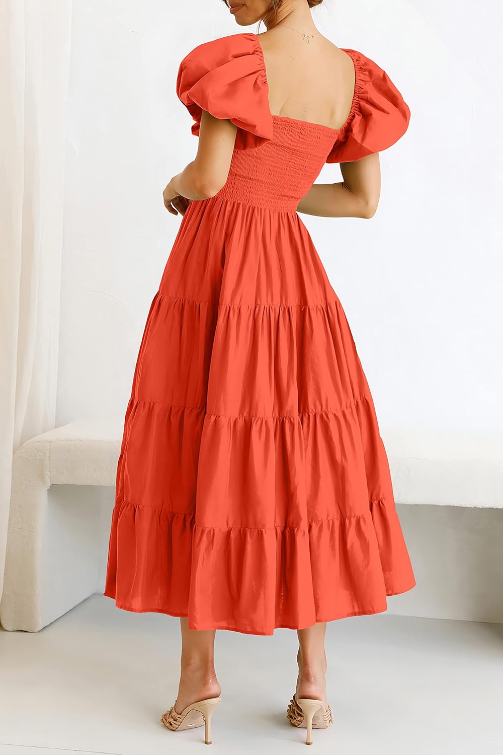 PRETTYGARDEN Women's Casual Summer Midi Dress Puffy Short Sleeve Square Neck Smocked Tiered Ruffle Dresses