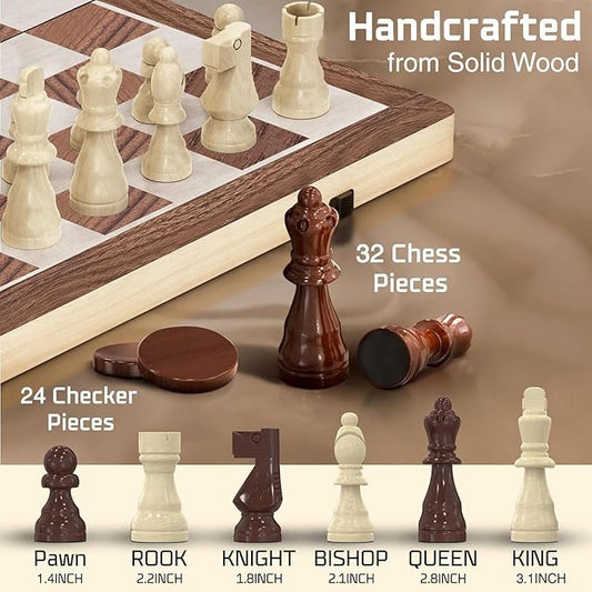 Wooden Magnetic Chess Set & Checkers Board Game, 15” Foldable Chess Board | Solid Wood 2-in-1 Board Game for Adults with Storage Box, 2 Extra Queens, Portable Travel Chess Set for Kids & Beginners