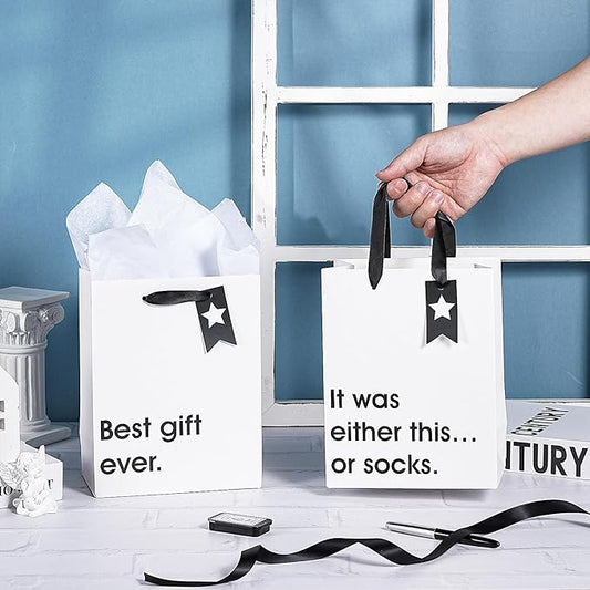 Loveinside Christmas Medium Size Gift Bags Set, Funny Quirky Design with Bold Black Text Pattern with Tissue Paper Perfect for Shopping, Parties, Birthday, Holiday, 4 Pack, 7" X 4" X 9"