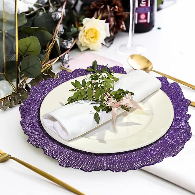 WUWEOT 12 Pack Purple Charger Plates, 12.7" Plastic Reef Dinner Under Plate, Round Charger Service Base Plate Bulk with Ruffled Rim for Party, Wedding, Catering Event, Tabletop Decor