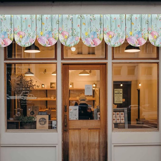 Easter Eggs Banner 4Pcs Indoor Outdoor Hanging Banner Flag Spring Daisy Eucalyptus Leaves Teal Wooden Sign for Fireplace Mantel Decorative Bunting Garland Valance for Shop Door Mantle Decor 9.8"x15.8"